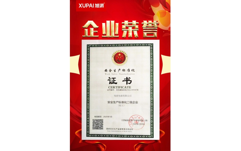 恭喜旭派電源有限公司榮獲“安全生產(chǎn)標(biāo)準(zhǔn)化二級企業(yè)”稱號